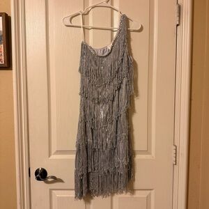 Goddessy Silver Metallic Fringe Dress Large One Shoulder Gatsby Eras Tour